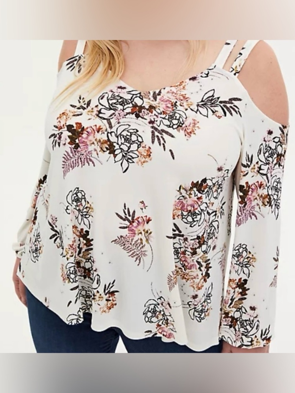 Torrid Floral Cold Shoulder Blouse Size 2 Plus White Pink Long Sleeve Top